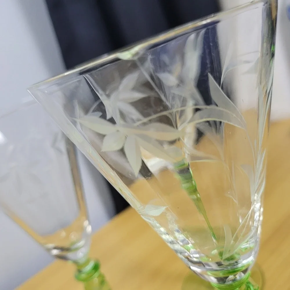 Vintage Uranium Etched Floral Stemware Glass Set of 6 Wine Goblet Optic